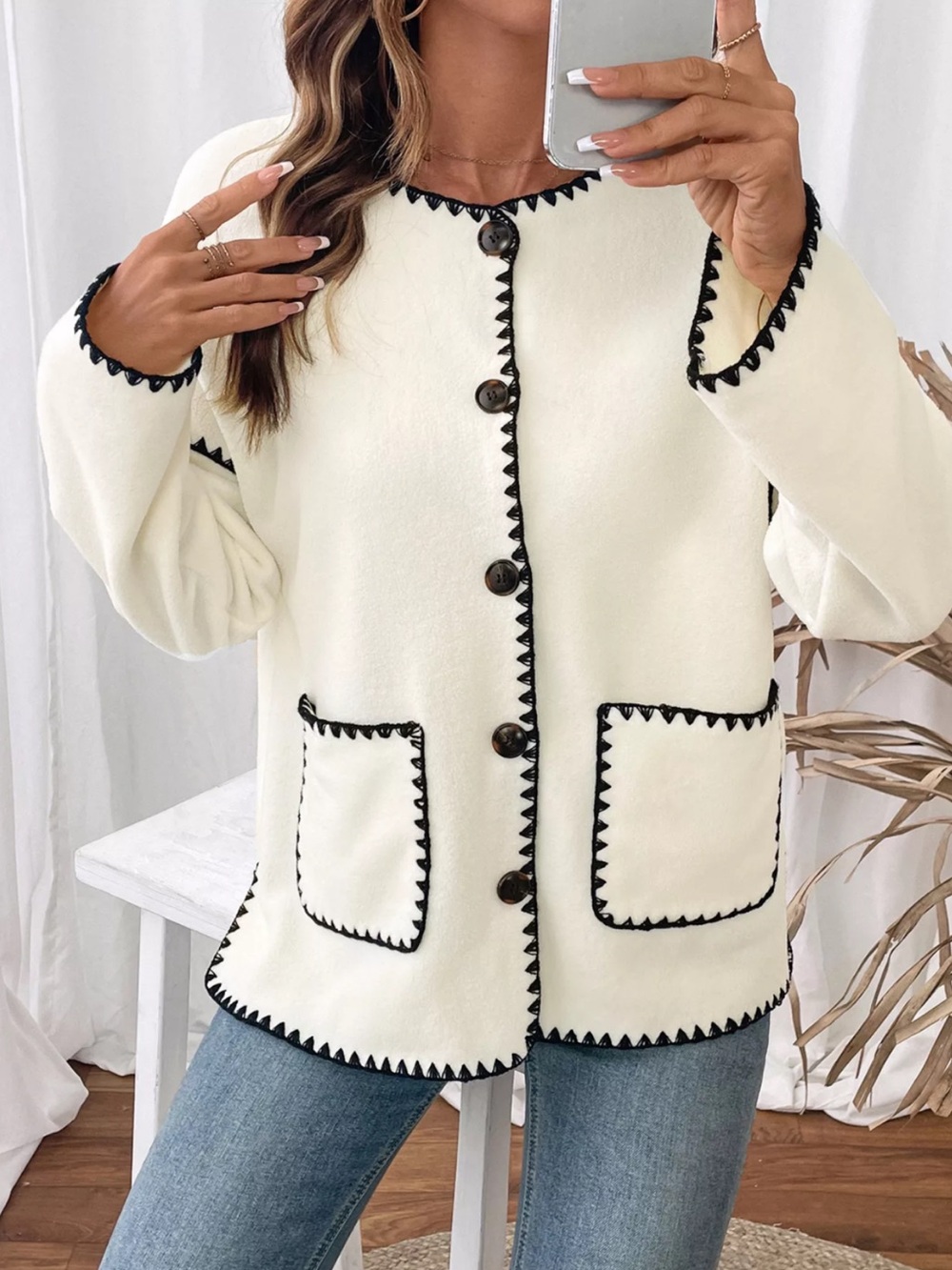 Commense Cream Button-Front Jacket with Contrast Stitching XS